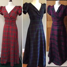 "This charming tartan dress has puffed sleeves with a flattering pleated cross over bodice. Perfect for a Highland fling!  * SLEEVES cap, 3/4 length Elbow sleeves, T Shirt length or long sleeves available instead of puffed if requested! Just add a note during checkout :) Fitted mid section for that curvaceous fit. Lined bodice with a back zipper fastening. Made from stunning quality poly/viscose mix medium weight tartan fabric in Royal Stuart red or Black Watch emerald.  Standard Length is 38\" Elegant Plaid V-neck Dress, Elegant Fitted Plaid Dress With Short Sleeves, Fitted Plaid V-neck Dress, Fitted A-line Plaid Dresses, Fitted V-neck Plaid Dress, Outlander Clothing, Scottish Costume, Edwardian Gowns, Highland Fling