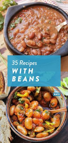 three bowls filled with beans and bread on top of a wooden table next to each other