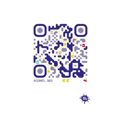 the qr code is shown in blue and white, with an orange dot on it