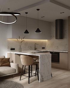 a modern kitchen with marble counter tops and stools