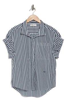 Bold stripes bring classic appeal to a short-sleeve button-up shirt cut in a slouchy silhouette with a curved high-low hem. 27" length (size Small) Hidden-button placket Spread collar Short sleeves Chest patch pocket 100% organic cotton Machine wash, dry flat Imported Summer Button-up Shirt With Horizontal Stripes, Horizontal Stripe Button-up Shirt For Summer, Summer Horizontal Stripe Button-up Shirt, Striped Short Sleeve Collared Shirt In Relaxed Fit, Striped Relaxed Fit Collared Short Sleeve Shirt, Striped Collared Short Sleeve Shirt With Relaxed Fit, Short Sleeve Shirt With Striped Collar For Work, Spring Vertical Stripes Short Sleeve Shirt, Spring Striped Short Sleeve Shirt With Relaxed Fit