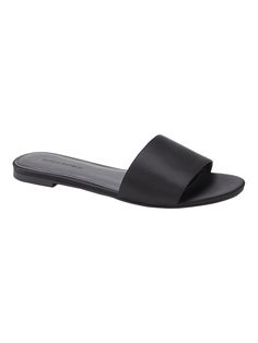 A minimalist approach to slides, these sandals have a wide strap at the toe for a comfortable fit and timeless look.  Flexible, satin upper (backed with vegan leather).  Breathable synthetic lining.  Insole with added stability in the heel.  Flexible skid-resistant outsole with comfort pod at bottom. Classic Synthetic Sandals With Leather Footbed, Sleek Open Toe Slides, Classic Synthetic Sandals, Classic Flat Slides With Removable Insole, Classic Synthetic Slides, Classic Synthetic Slip-on Slides, Classic Synthetic Flip Flops For Spring, Classic Slip-on Synthetic Slides, Classic Synthetic Slides With Removable Insole