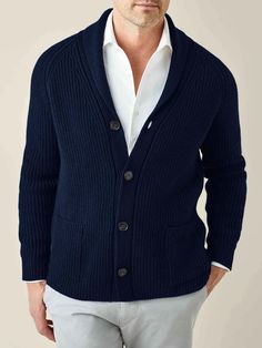 Midnight Blue Chunky Knit Cashmere Cardigan | LUCA FALONI Formal Shawl Collar Winter Cardigan, Formal Shawl Collar Cardigan For Winter, Classic Fitted Sweater Coat With Shawl Collar, Classic Cashmere Sweater Coat With Shawl Collar, Classic Shawl Collar Cardigan For Winter, Formal Shawl Collar Cardigan For Fall, Classic Cashmere Outerwear With Shawl Collar, Formal Fall Cardigan With Shawl Collar, Classic Merino Wool Sweater With Shawl Collar