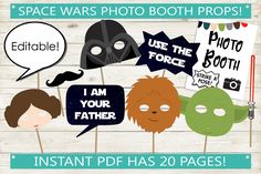 "Create the ultimate space party with these photo booth props! There's 20 pages of items including - 4 editable speech bubbles, 1 photo booth printable sign, 11 pages of space items, and 16 bonus props. WHAT YOU GET ● Instant Download PDF File **NO PHYSICAL PRODUCT WILL BE SHIPPED TO YOU** ● One PDF with 20 pages ● Formatted on 8.5\"x11\" @ 300dpi to print from home or print shop ● 4 of the speech bubbles contain editable text STEP 1DOWNLOADING ● Your file will be ready to download immediately a Star Wars Photo Booth, Decoracion Star Wars, Star Wars Baby Shower, Star Wars Theme Party, Star Wars Birthday Party, Star Wars Wedding, Star Wars Set, Birthday Star, Star Wars Day