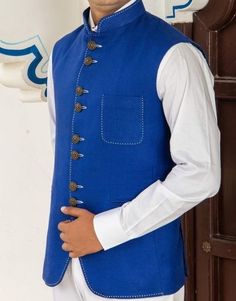 Stylish designer look Nehru collar jacket made from royal blue color linen fabric. Size : 34,36,38,40,42,44,46,48 and custom made. (custom made - We will send you custom measurement form after received your order.) Customs and import taxes: Buyers are responsible for any customs and import taxes that may apply. I'm not responsible for delays due to customs. Blue Stand Collar Blazer For Formal Occasions, Formal Blue Stand Collar Blazer, Traditional Blue Bandhgala With Stand Collar, Fitted Cotton Nehru Jacket For Semi-formal Occasions, Formal Blue Nehru Jacket With Stand Collar, Blue Formal Nehru Jacket With Stand Collar, Blue Cotton Nehru Jacket For Wedding, Fitted Blue Nehru Jacket For Semi-formal Occasions, Blue Fitted Nehru Jacket For Semi-formal Occasions