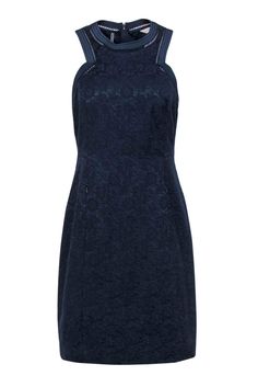 Current Boutique-Rebecca Taylor - Navy Lace Sheath Dress w/ Lattice Trim Sz 4 Classic Party Dress With Back Zipper, Spring Lace Dress With Back Zipper, Elegant Fitted Lace Mini Dress, Elegant Lace Dress With Fitted Bodice For Date Night, Fitted Lace Dress For Spring, Fitted Lace Dress With Lace Trim For Date Night, Sheath Lace Dress With Lace Trim For Date Night, Date Night Sheath Lace Dress With Lace Trim, Chic Sheath Lace Dress