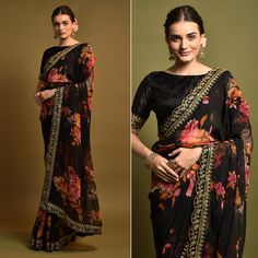 Black colored saree is made from georgette fabric which is highlighted with beautiful floral embroidered sequins work as shown. comes along unstitched embroidered banglori silk which you can customise as per your design/style. Occasion - You can wear this saree for parties, festives, events and ideal for any fashionista. Note:- The actual product may differ slightly in color and design from the one illustrated in the images when compared with computer or mobile screen. Measurements: Saree : Geor Black Georgette Lehenga With Floral Embroidery, Black Embroidered Pre-draped Saree For Festive Occasions, Black Lehenga With Floral Embroidery For Diwali, Black Floral Embroidered Lehenga For Diwali, Black Georgette Dupatta With Floral Embroidery, Elegant Georgette Saree With Floral Embroidery, Party Dupatta With Printed Border In Georgette, Black Embroidered Pre-draped Saree For Festivals, Designer Pre-draped Saree With Printed Border