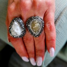 Special Fall Price.....Wow Is This The Latest Designs Out In Jewelry.....Genuine Druzy Quartz Double Ring...One Size Is White Druzy The Other Is Natural....This Is Not For The Faint Of Heart....Sexy Sophisticated All The Way...Each Stone Is Surrounded By Swarovski Black And Clear Crystals...925 Sterling Base....As Pictured The Ring Is Worn On The Middle Finger....Truly A Show Stopper. Be Sure To Check Out My Store With Matching Bracelets And Earrings Available Make Sure To Check Out My Stores Li Party Rings With Pave Setting In Diamond White, Luxury Stone Setting Rings For Party, Luxury Party Rings With Stone Setting, White Diamond Crystal Ring With Accent Stones, Sterling Silver Rings With Gemstone Accents For Party, Elegant White Crystal Ring With Gemstone Accents, Luxury White Crystal Ring With Diamond Accents, Elegant Party Rings With Stones, Adjustable White Rings With Stones