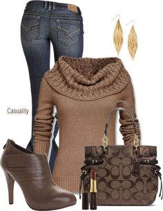 "Untitled #301" by casuality on Polyvore Handbags Street Style, Coach Perfume, Brown Outfits, Sweater And Jeans, Winter Mode, Fall Collection, Coach Purse, Sweater Fashion, Suede Boots