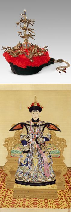 Empress's ceremonial "Caoguan" (hat). The headdress was decorated with a 3-layer top, each layer having one gold phoenix and one big pearl. On each phoenix, there were 3 big pearls and 17 small ones. In the Qing Dynasty, the custom of wearing a phoenix coronet for the female was reserved. Gold, pearls, sable, silk floss, kingfisher feathers, precious stones. 37 x 27 cm. Below: portrait of Empress Xiaoxianchun in ceremonial robe, ca. 1735, by Italian Jesuit missionary Giuseppe Castiglione Giuseppe Castiglione, Qianlong Emperor, Jewels Diy, Royal Crowns, Fairytale Illustration, Japanese Calligraphy, Big Pearl