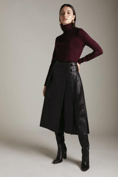 Leather Pleated Buckle Kilt Midi Skirt Leather Midi Pleated Skirt, A Line Leather Skirt Outfit, Black Leather Midi Skirt Outfit, Black Midi Leather Skirt, Pleated Leather Skirt Outfit, Outfit Silhouettes, Leather Midi Skirt Outfit, Black Leather Pleated Skirt, Ladies Wear Dresses