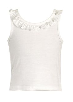 Tank top with neck ruffle. 95% Rayon; 5% Spandex Stretch Cotton Tops With Ruffles, Ruffled Tank Top For Spring, Cotton Ruffled Stretch Top, Spring Ruffled Solid Color Tank Top, Fitted Tops With Ruffled Straps, Fitted Tops With Ruffled Straps And Details, Stretch Top With Ruffled Straps And Details, White Tops With Ruffles And Ruffled Straps, White Tops With Ruffled Straps And Details