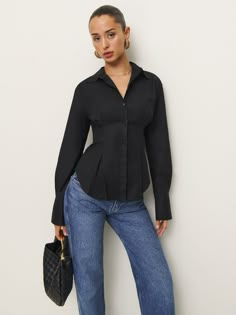 Buttoned up. Shop the Becker Shirt from Reformation, a long-sleeve top with a collared neckline, button front, and tailored waist. Autumn Color Season, Shopping List Clothes, Rectangle Body Shape, Black Button Up Shirt, Work Wear Outfits, Woman Suit, Dark Autumn, Woman Suit Fashion, Long Jeans