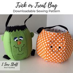 two halloween bags with faces on them and the words trick or treat bag printable