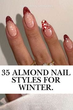 Discover 35 stylish almond nail designs perfect for winter. These elegant shapes and festive patterns, like red glitter and candy cane details, bring a sophisticated touch to your holiday look. Ideal for cozy and chic vibes. Styles For Winter, Almond Nail Designs, Chic Vibes, Almond Nails Designs