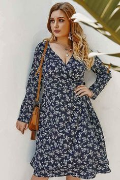 Casual Plus Size floral Dress Fall Ditsy Floral Print Dress, Spring Ditsy Floral Print Dress, Long Sleeve Ditsy Floral Dress For Spring, Blue V-neck Floral Dress For Spring, Blue Floral V-neck Dress For Spring, Blue Floral Dress With Ditsy Floral Print, Fall Floral Dress With Ditsy Floral Print, Fall Floral Dress With Ditsy Print, Chic Ditsy Floral Print Dress For Fall