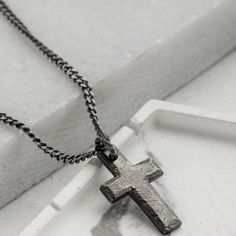 Engraved Black Cross Necklace As Gift, Oxidized Cross Pendant Necklace As Gift, Gift Black Engraved Cross Necklace, Black Engraved Cross Necklace Gift, Black Engraved Pendant Cross Necklace, Engraved Black Cross Necklace For Gift, Father's Day Black Sterling Silver Necklace, Oxidized Cross Pendant Necklace For Gift, Gunmetal Cross Necklace Gift