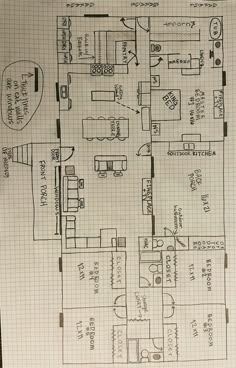 a drawing of a kitchen and living room in the same area as it appears on a sheet of paper