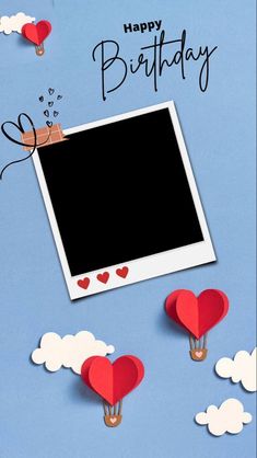 an image of a birthday card with hearts and hot air balloons flying in the sky