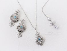 "This gorgeous jewelry set will look elegant and beautiful quality on any classic or vintage inspired bride! Wonderful gift for both a loved one and yourself. All zirconia shines a lot! All my jewelry is nickel free - hypoallergenic. Finish: Silver platinum plated or Rose gold plated components Material: AAA Zirconia, Top quality Aquamarine Blue crystal. Necklace Length of Necklace: 17\" inches This necklace can be made with two options: 1) With 2 inches extender. 2) Finished off with lobster cl Blue Pendant Earrings For Wedding, Drop Earrings Simple, Blue Wedding Jewelry, Earrings Bride, Rose Gold Leaf, Jewelry Rose Gold, Bride Earrings, Zircon Jewelry, Earrings Simple