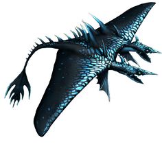 a blue and black dragon flying through the air