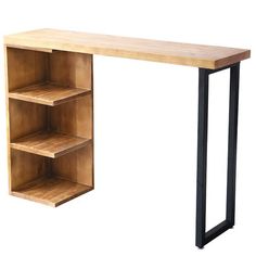 a wooden desk with metal legs and shelves