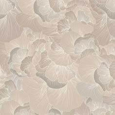 an abstract floral wallpaper design in beige and grey tones, with large flowers on the side