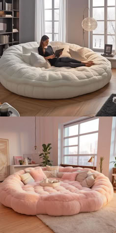 there are two pictures of a woman laying on a large round bed in the living room