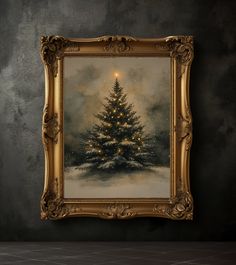 a painting of a lit christmas tree in a gold frame on a black wall next to a tiled floor