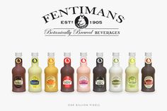 an advertisement for fentiman's is shown with many different types of beverages