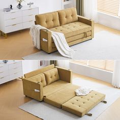 two pictures of a couch with a pull out bed in the middle and an ottoman on the other side