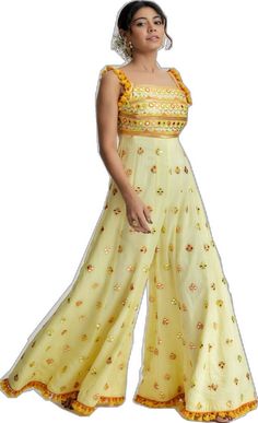 Floor-length Multicolor Embellished Sharara, Floor-length Embellished Multicolor Sharara, Sleeveless Party Dress With Gota Work, Multicolor Embellished Floor-length Sharara, Bollywood Style Palazzo Set With Gota Work For Spring, Festival Anarkali Palazzo Set With Sequins, Anarkali Style Sequined Palazzo Set For Festivals, Anarkali Palazzo Set With Sequins For Festivals, Elegant Multicolor Summer Palazzo Set