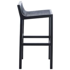 an upholstered bar stool with black frame and wicker seat, on a white background