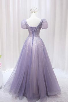 Purple Tulle Beaded Long Formal Dress Cute A-Line Evening Dress Fitted Tulle Ball Gown With Short Sleeves, Short Sleeve Dress With Sequins And Fitted Bodice, Purple Sequin Dress For Debutante Ball, Purple Tulle Dresses With Sequins, Purple Embellished Dress For Debutante Ball, Embellished Purple Dress For Debutante Ball, Embellished Tulle Dress With Short Sleeves, Short Sleeve Tulle Dress For Prom Season, Short Sleeve Embellished Tulle Dress