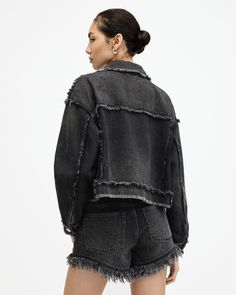 Distressed denim is our favorite. The Claude Jacket is frayed all along the seams. It's made from organic cotton and shaped to a classic denim jacket silhouette. The fit is relaxed and easy to wear, completed with a collar and two functional pockets. Looking for that signature AllSaints attitude? Here it is.   This jacket is designed to a relaxed fit Button closure Long sleeve Collar Heavily frayed along the yoke and seams Two chest pockets Allsaints Cotton Outerwear, Allsaints Cotton Outerwear For Fall, Allsaints Casual Spring Outerwear, Frayed Hem Denim Jacket For Fall Streetwear, Edgy Denim Jacket With Frayed Hem For Streetwear, Fall Denim Jacket With Frayed Hem For Streetwear, Edgy Cotton Denim Jacket With Relaxed Fit, Trendy Denim Jacket With Frayed Hem And Relaxed Fit, Trendy Relaxed Fit Denim Jacket With Frayed Hem