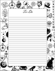 a blank lined paper with black and white images on the bottom, surrounded by other items