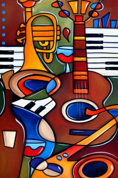 a painting of a guitar and other musical instruments