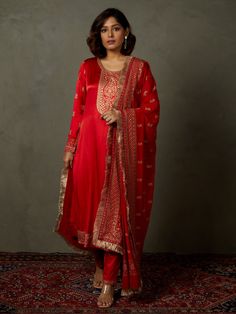 Ri.Ritu Kumar-Red Girija Kurta Set-INDIASPOPUP.COM Slub Silk Anarkali Set With Embroidered Border, Anarkali Chanderi Palazzo Set With Embroidered Border, Anarkali Sharara With Embroidered Border In Slub Silk, Diwali Slub Silk Kurta With Embroidered Border, Red Semi-stitched Slub Silk Churidar, Red Raw Silk Anarkali Set With Straight Kurta, Chanderi Anarkali Set With Embroidered Border, Traditional Slub Silk Churidar With Embroidered Border, Designer Chanderi Palazzo Set With Embroidered Border