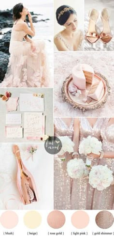 a collage of photos with pink and gold accents, including shoes, flowers, and other items