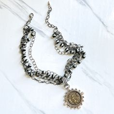 Alamo Angel Four Strand Chain and Ombre Silver Beaded Necklace Silver Beaded Necklace, Silver Coin Necklace, Silver Ombre, Coin Pendant Necklace, Silver Bead Necklace, Crystal Chain, Silver Coin, Custom Jewelry Design, Coin Necklace