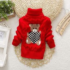 unisex red bear / 2T Teddy Knitted Turtleneck Sweater Outfit For Children, Kids Clothing Girls, Knitting Patterns Boys, Snacks Kids, Girls Winter Dresses, Crocheted Baby Blanket, Turtleneck Outfit, Pull Bebe, Toddler Sweater