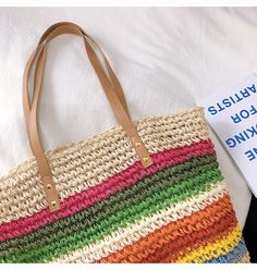 Buy Online Large Rainbow Straw Tote with Leather Strap and Zipper Trendy Rainbow Travel Bag, Casual Straw Shopping Bag For Spring, Colorful Casual Shoulder Beach Bag, Colorful Casual Beach Shoulder Bag, Multicolor Beach Shopping Bags, Multicolor Beach Season Shopping Bags, Colorful Beach Shoulder Bag With Adjustable Strap, Trendy Rectangular Straw Bag For Summer, Trendy Summer Straw Tote Bag