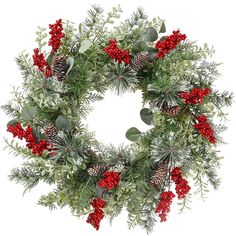 a christmas wreath with pine cones and berries