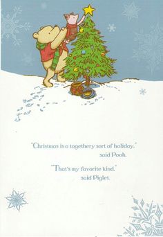 a winnie the pooh christmas card with a tree