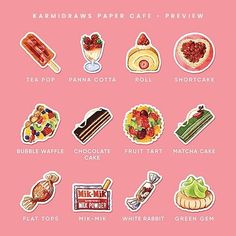 a pink background with different types of food and drink stickers on the bottom right corner