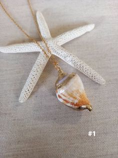 a starfish and seashell necklace on a table