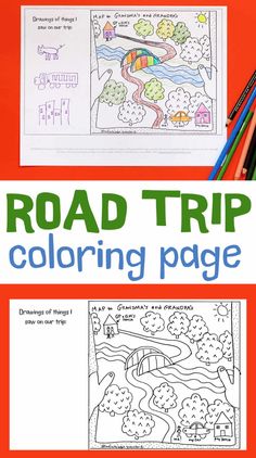 the road trip coloring page is shown with pencils and markers in front of it