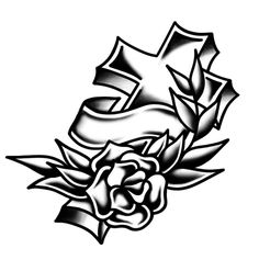 a cross and rose tattoo design on a white background