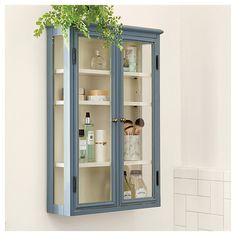 a medicine cabinet with glass doors and shelves