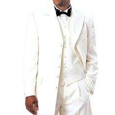 Whether It's Wedding You'll Be What Everyone's Talking About In This Suit. It's A 5 Button Closure, Wide Satin Peak Lapel Tuxedo. It Features Full Zoot Suit Length Style Jacket, And Soft Microfiber Material. A Matching Color Vest Is Included. The Pants Are Classic Fit Pleated Style. The Pants Come With A Six Inch Drop. That Means If You Subtract Six Inches From Your Jacket Size You Will Determine Your Pant Size. This Means If You Order A Coat Size Of 42r The Pants Will Be A 36. All Pants Are Tai Tailored White Single-breasted Three-piece Suit, White Fitted Single Breasted Three-piece Suit, White Fitted Single-breasted Three-piece Suit, Elegant White Single Breasted Three-piece Suit, Elegant White Single-breasted Three-piece Suit, Fitted White Single Breasted Tuxedo, Classic Cream Tuxedo For Formal Occasions, White Tailored Suits For Ceremony, Classic Cream Single Breasted Tuxedo